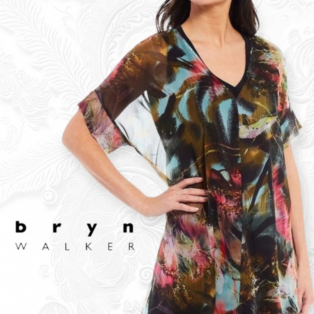 Bryn Walker Women's 100% Silk Paola Abstract Floral Giordano Sheer Tunic Top M